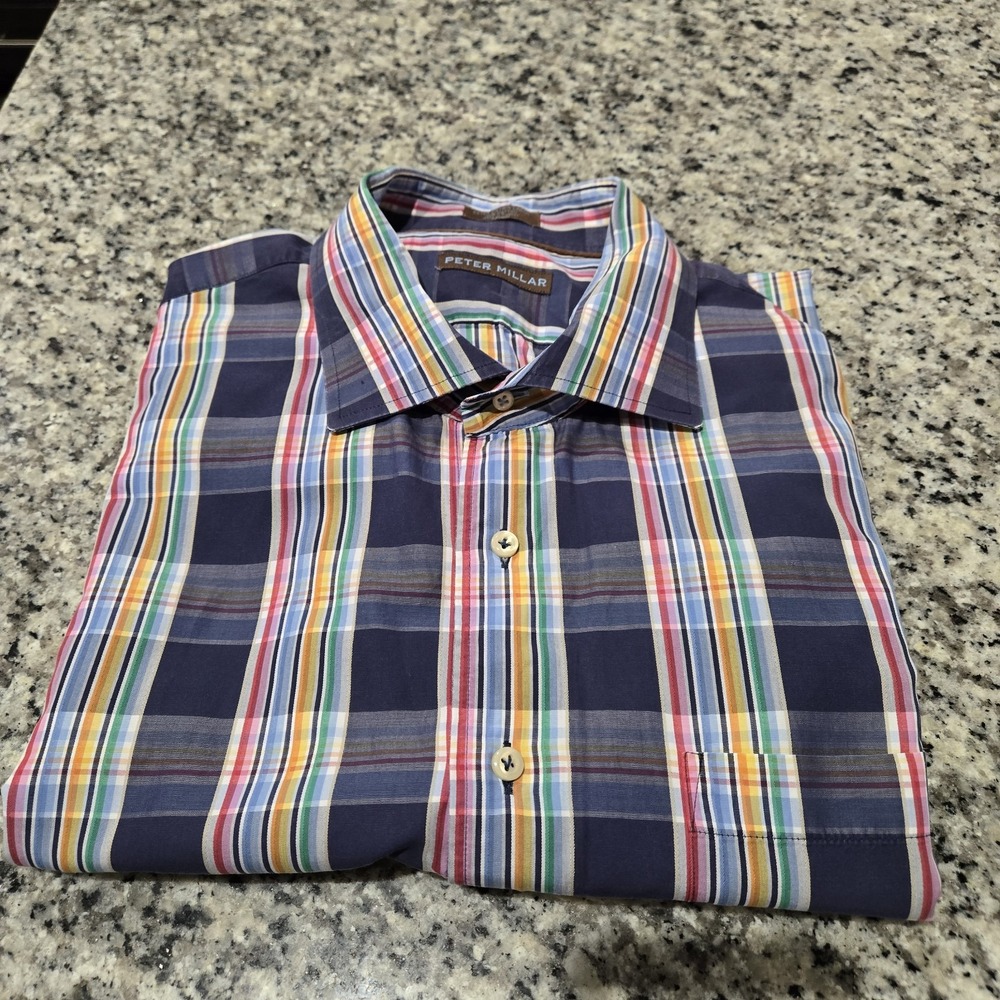Mens Peter Millar 3/4 Sleeve 21 Inch XXL Blue Plaid Button Up Shirt Golf Preppy‎